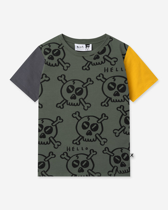 Hello Skull Tee in forest, dark grey and yellow, boys t shirt by Minti, flat lay