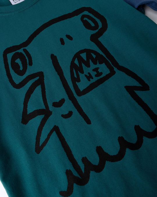 Close up of the Hi Hammerhead Tee print in dark teal and midnight