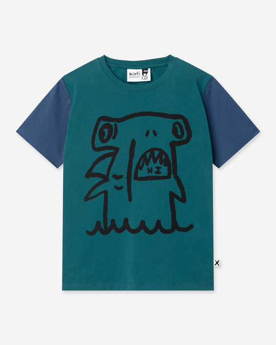 Hi Hammerhead Tee in dark teal and midnight, boys t shirt by Minti, flat lay