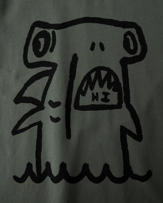 Close up of the Hi Hammerhead Tee print in forest