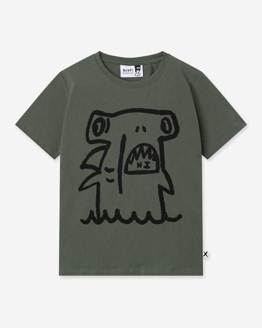 Hi Hammerhead Tee in forest, boys t shirt by Minti, flat lay