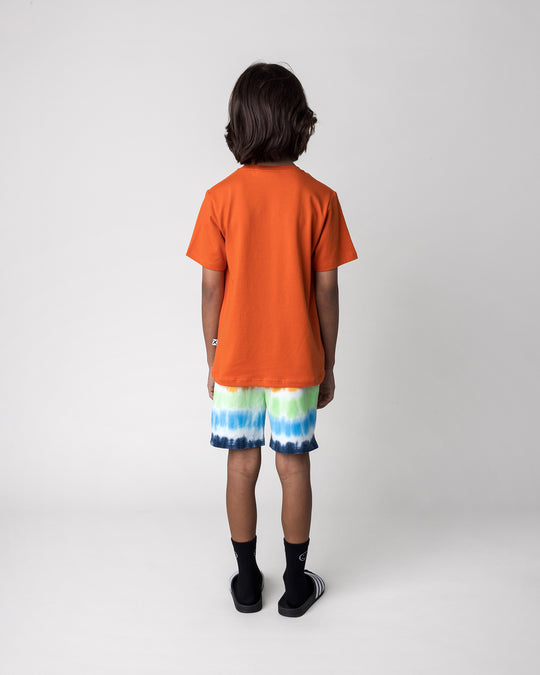 Kid wearing the Hi Hammerhead Tee in orange with the Airwaves Short in navy, back view