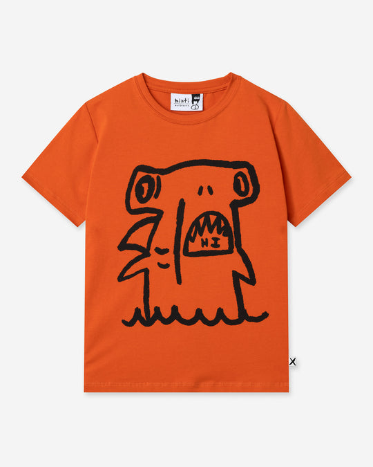 Hi Hammerhead Tee in orange, boys t shirt by Minti, flat lay