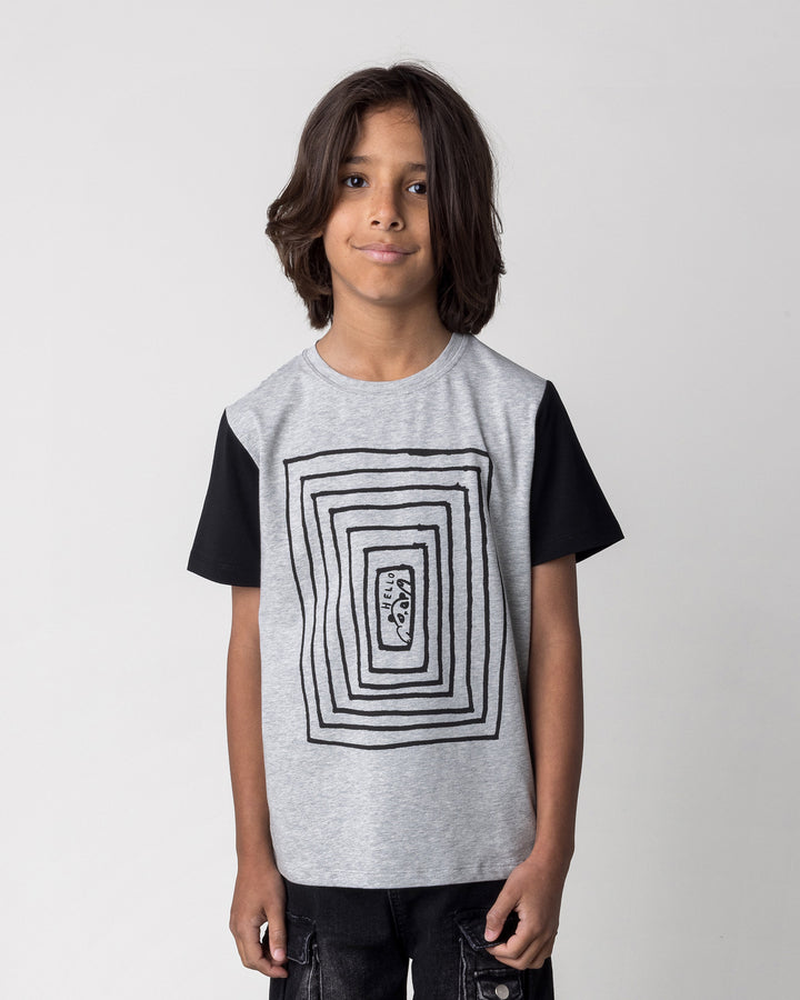 Close up of the Hidden Panda Tee in grey marle and black on a kid, front view