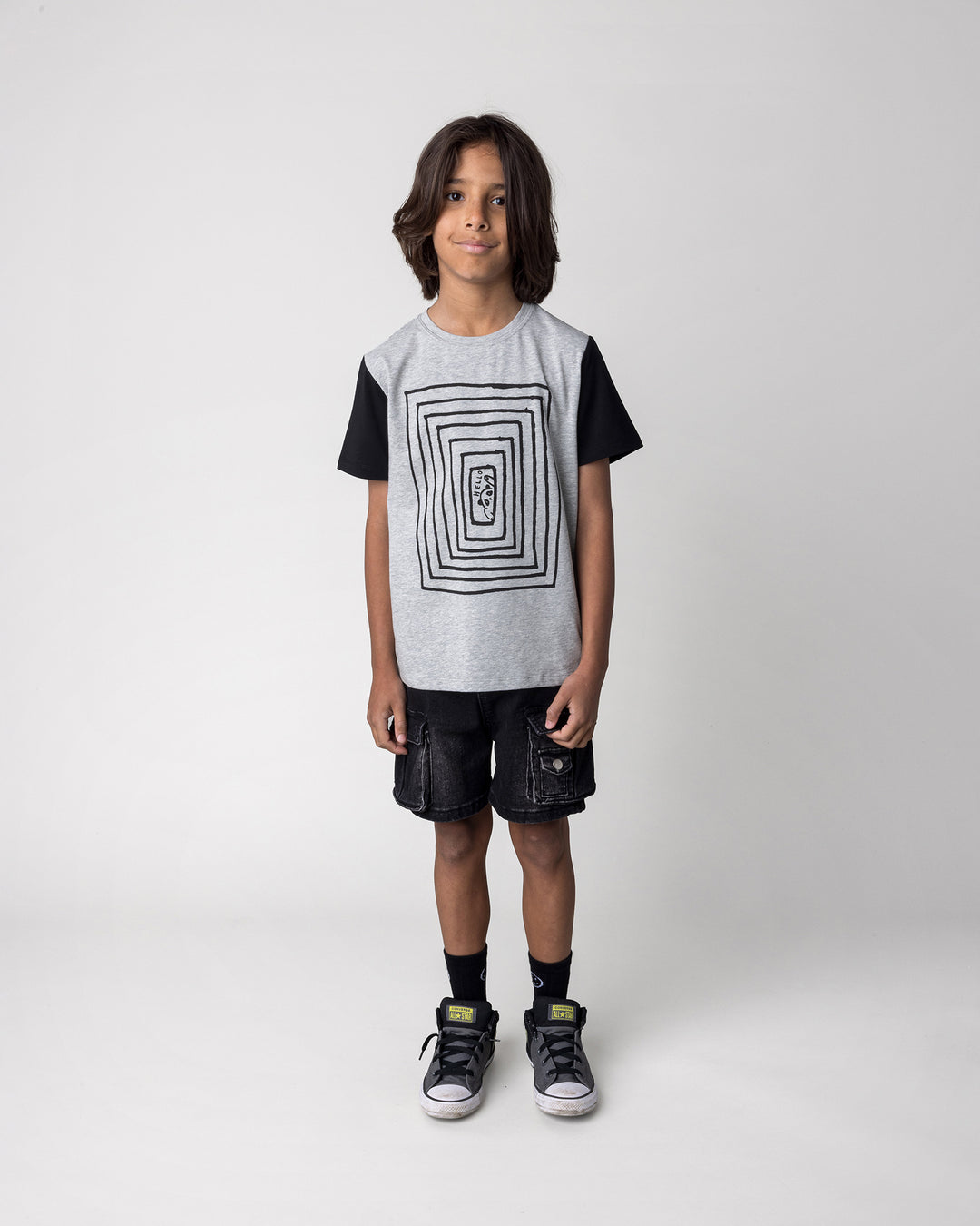 Kid wearing the Hidden Panda Tee in grey marle and black, front view