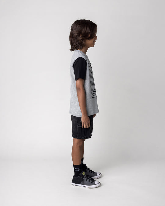Kid wearing the Hidden Panda Tee in grey marle and black, side view