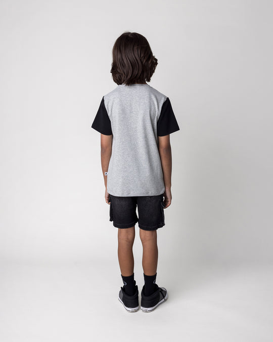 Kid wearing the Hidden Panda Tee in grey marle and black, back view