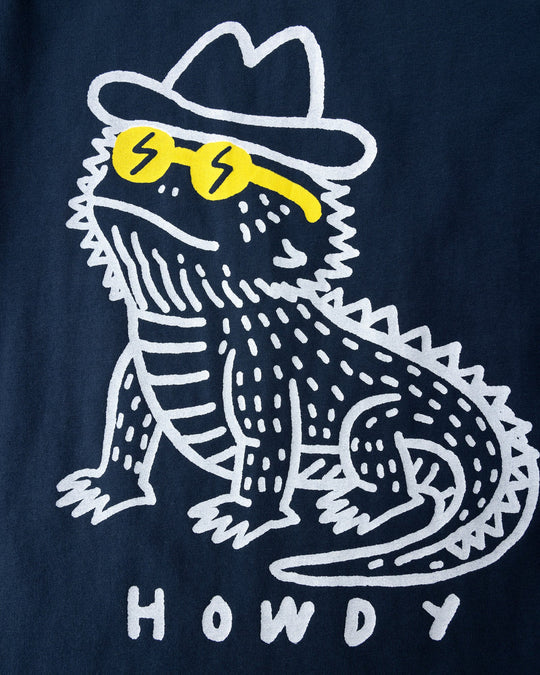 Close up of the Howdy Lizard Tee print in ink