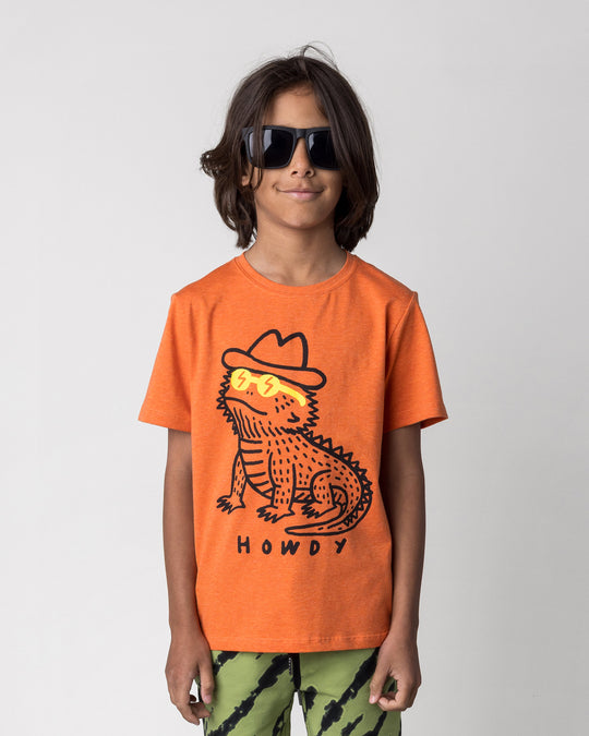 Close up of the Howdy Lizard Tee in orange marle on a kid, front view