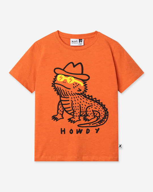 Howdy Lizard Tee in orange marle, boys t shirt by Minti, flat lay