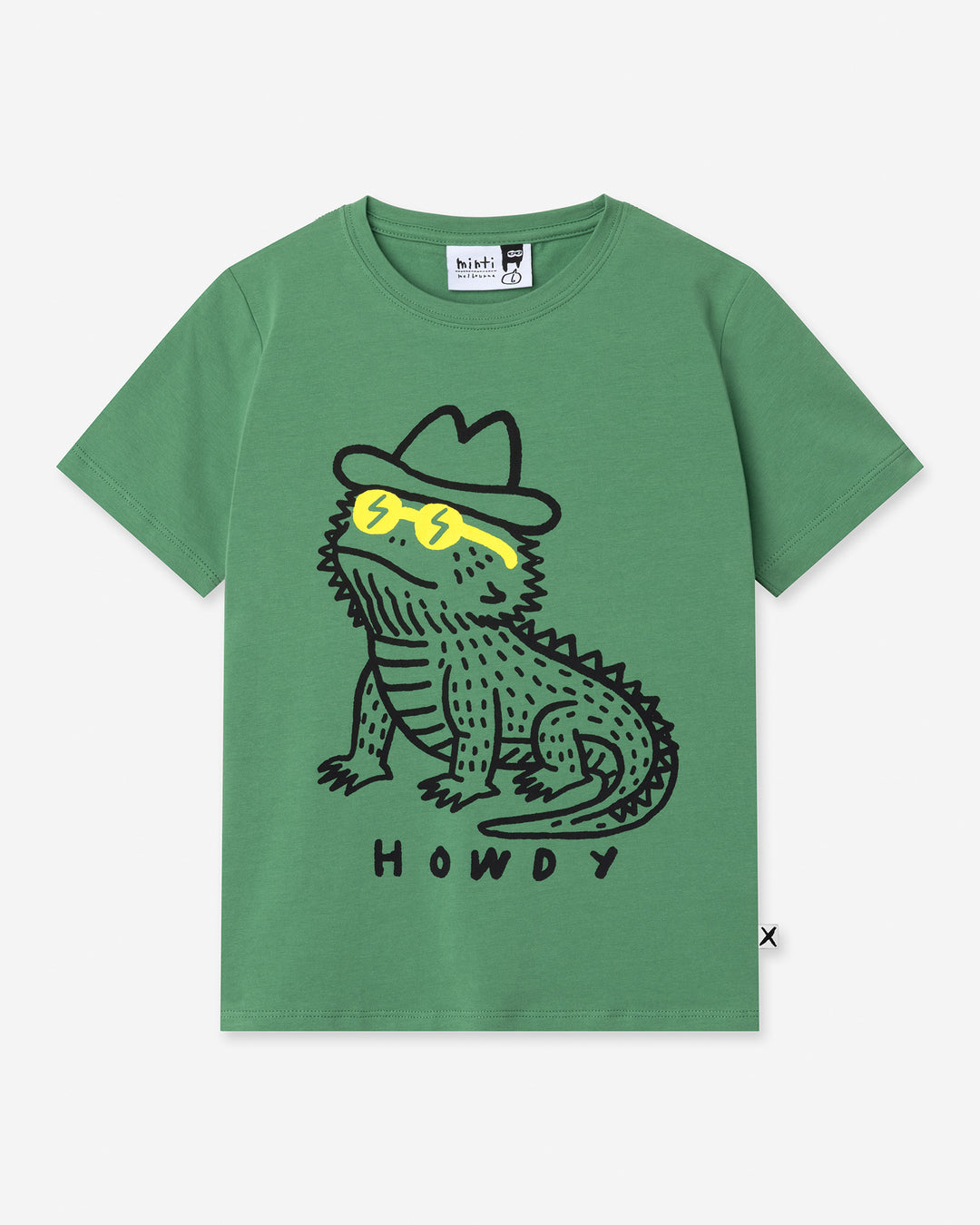 Howdy Lizard Tee in turf, boys t shirt by Minti, flat lay