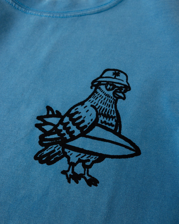 Close up of the Hi Pigeon Tee print in sky wash