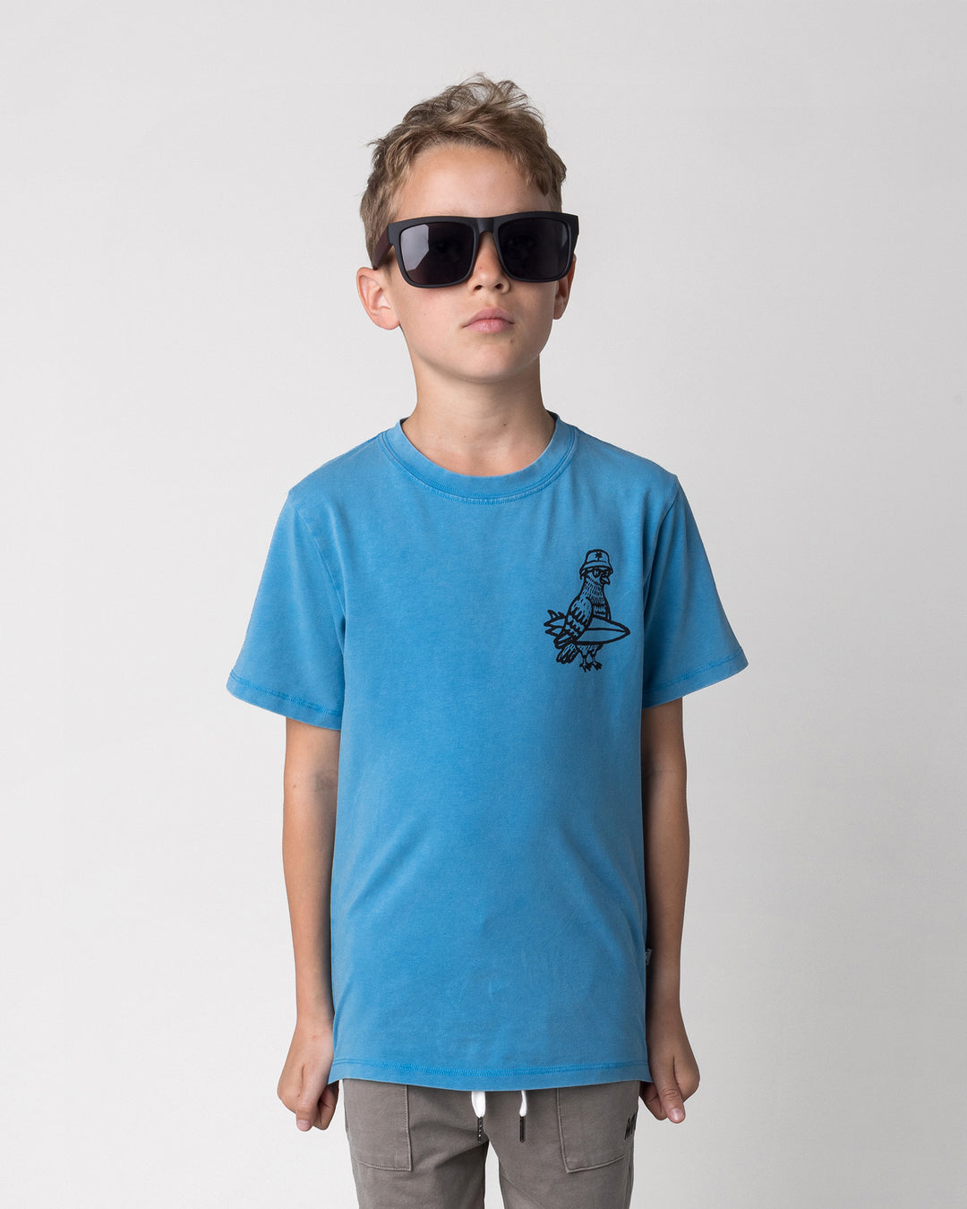Close up of the Hi Pigeon Tee in sky wash on a kid, front view