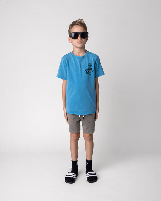 Kid wearing the Hi Pigeon Tee in sky wash with the Blasted Track Short in grey wash, front view
