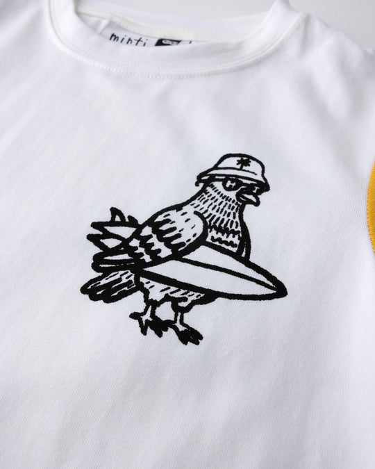 Close up of the Hi Pigeon Tee print in white, midnight and yellow