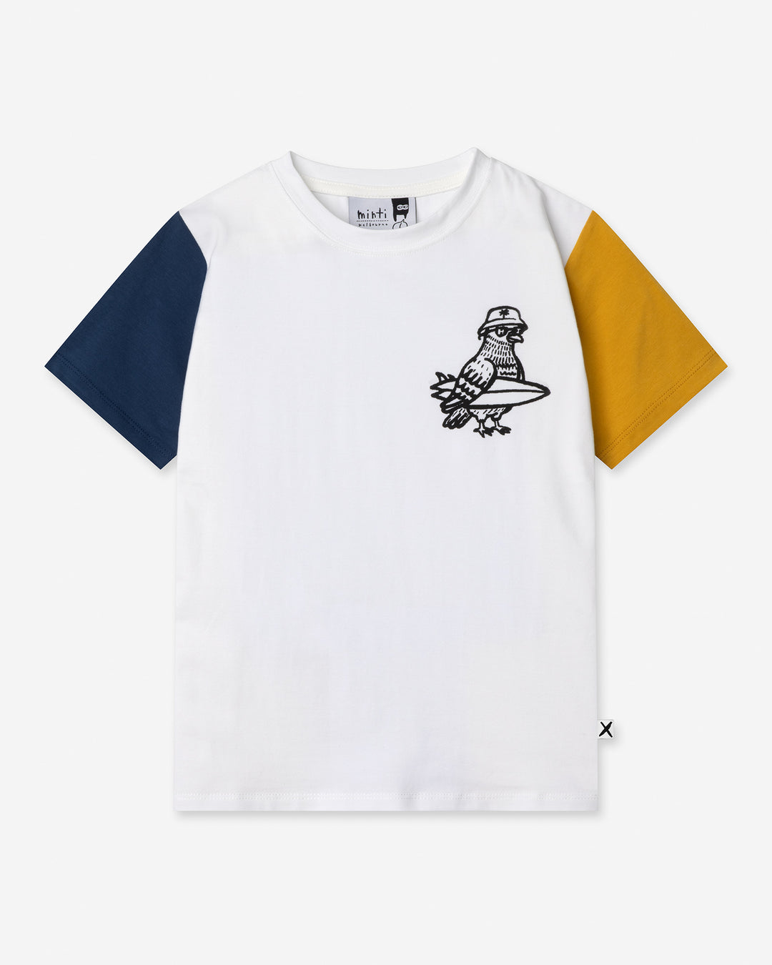 Hi Pigeon Tee in white, midnight and yellow, boys t shirt by Minti, flat lay