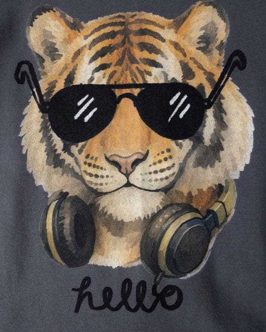 Close up of the Headphones Tiger Tee print in dark grey