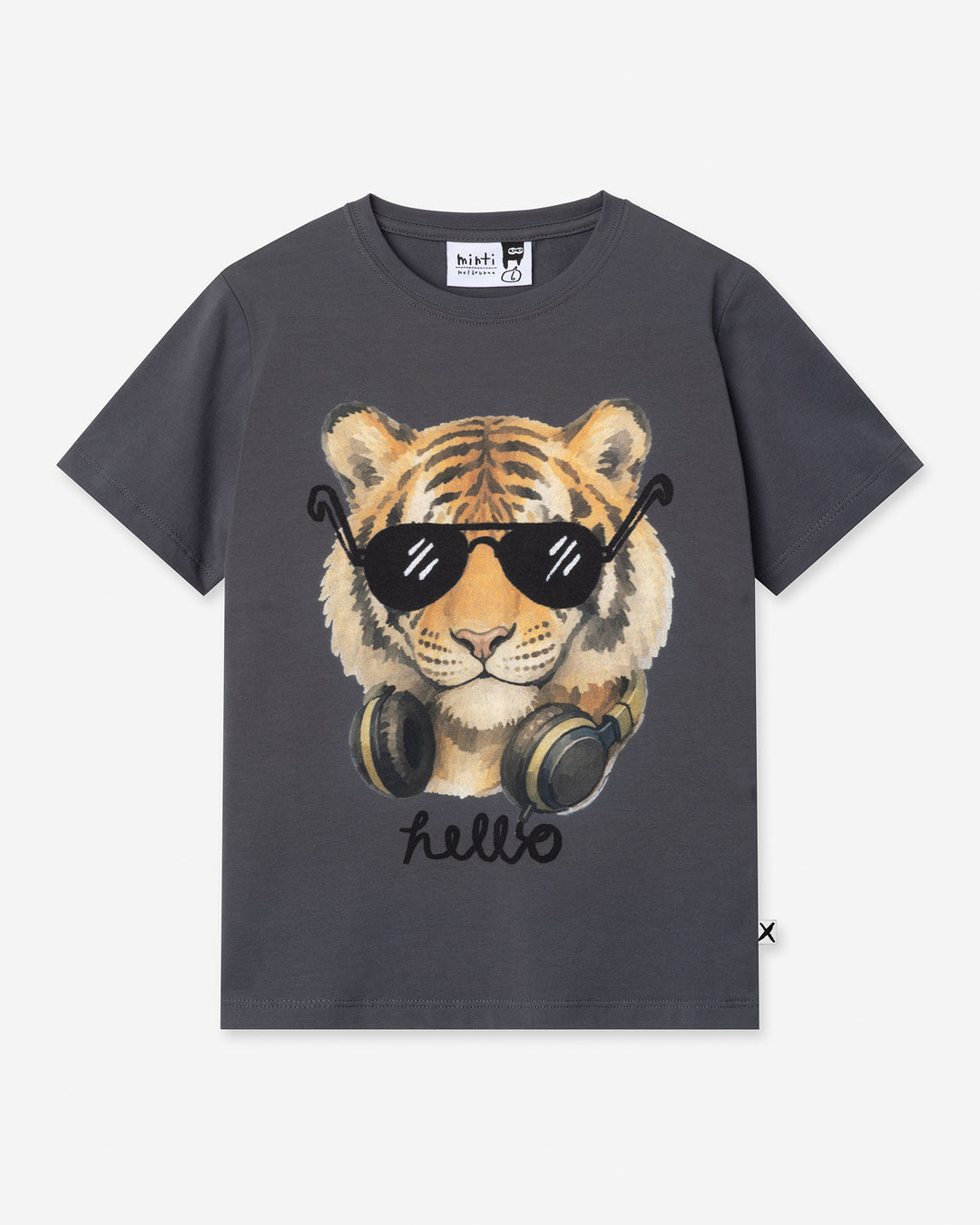 Headphones Tiger Tee in dark grey, boys t shirt by Minti, flat lay
