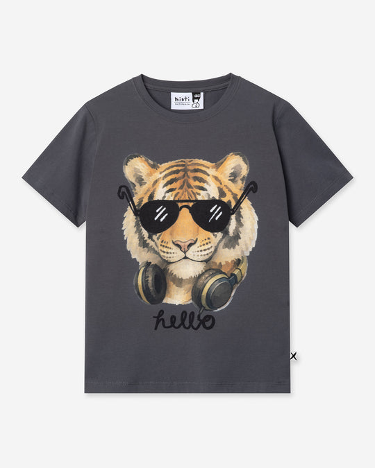 Headphones Tiger Tee in dark grey, boys t shirt by Minti, flat lay