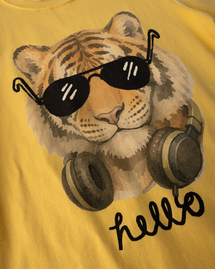 Close up of the Headphones Tiger Tee print in dull yellow
