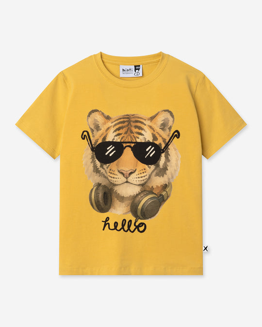 Headphones Tiger Tee in dull yellow, boys t shirt by Minti, flat lay