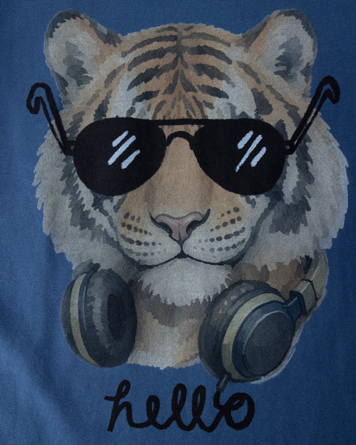 Close up of the Headphones Tiger Tee print in midnight