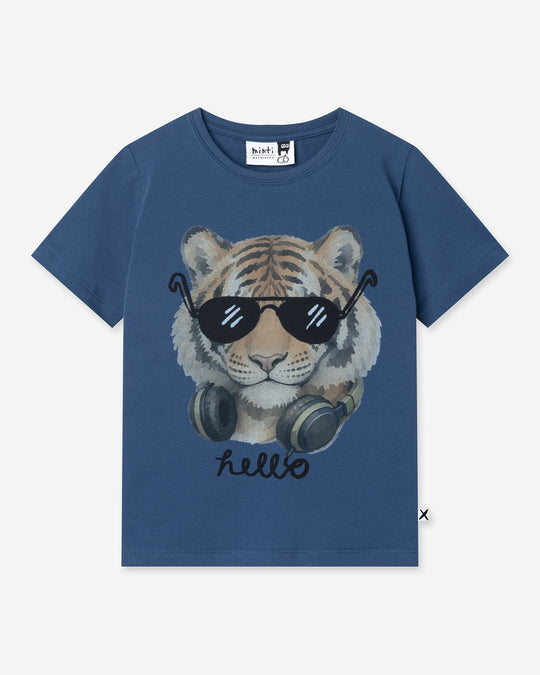 Headphones Tiger Tee in midnight, boys t shirt by Minti, flat lay