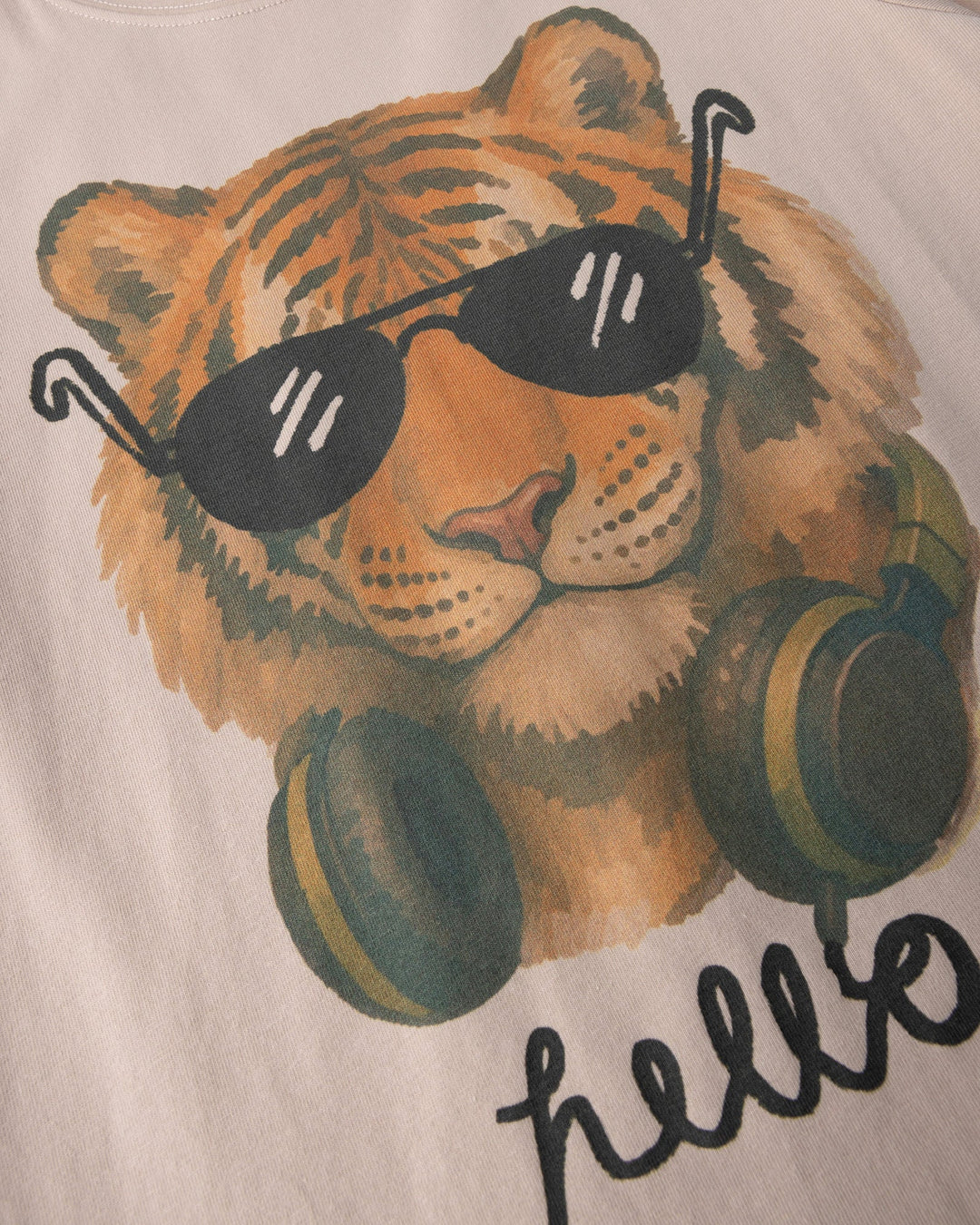 Close up of the Headphones Tiger Tee print in stone