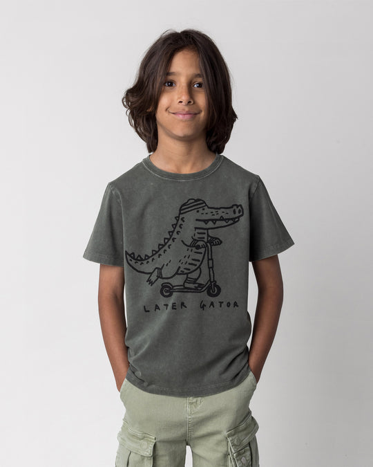 Close up of the Later Gator Tee in olive wash on a kid, front view