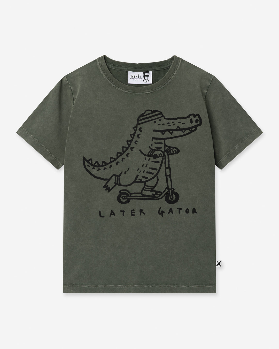 Later Gator Tee in olive wash, boys t shirt by Minti, flat lay