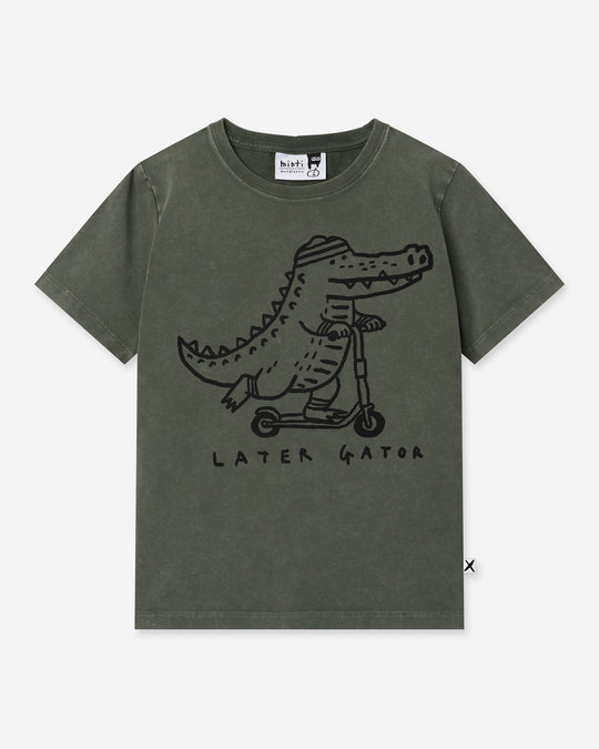 Later Gator Tee in olive wash, boys t shirt by Minti, flat lay