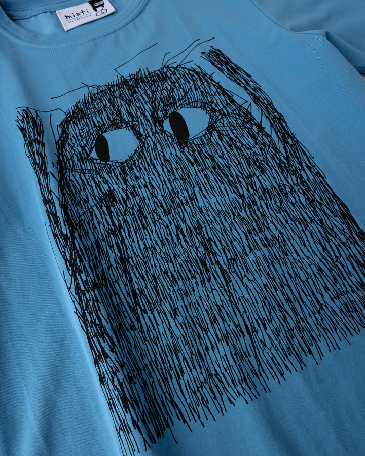 Close up of the Messy Monster Tee print in steel