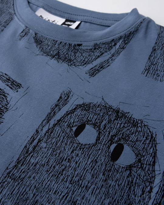 Close up of the Messy Monster Tee print in storm