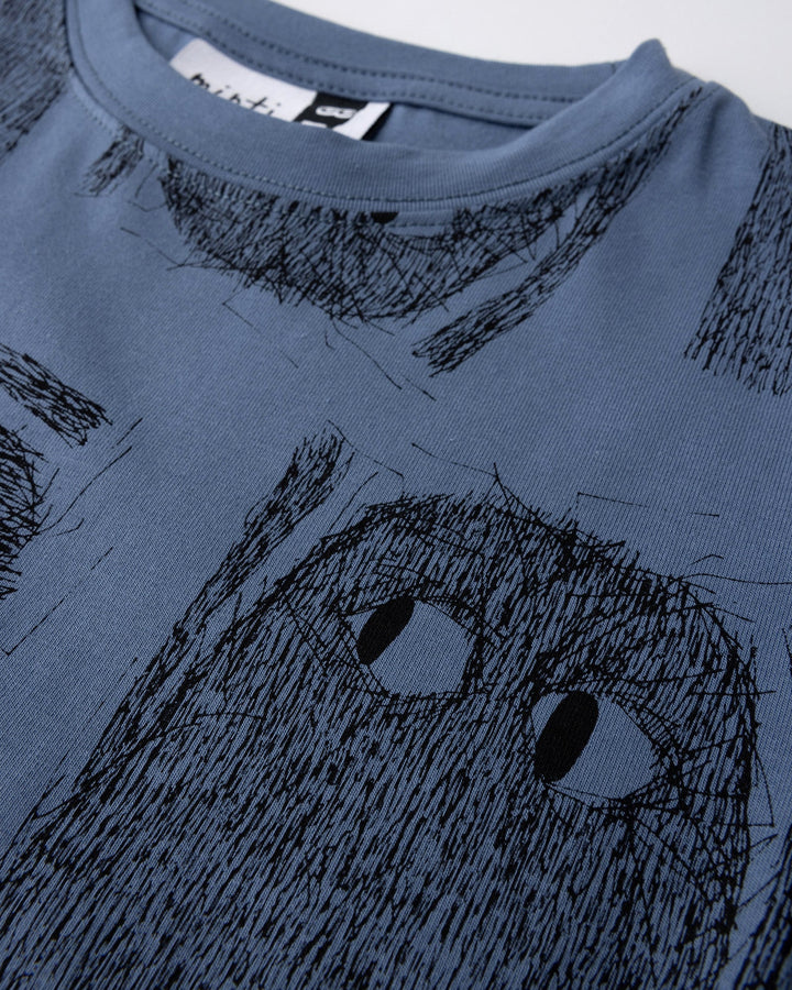 Close up of the Messy Monster Tee print in storm