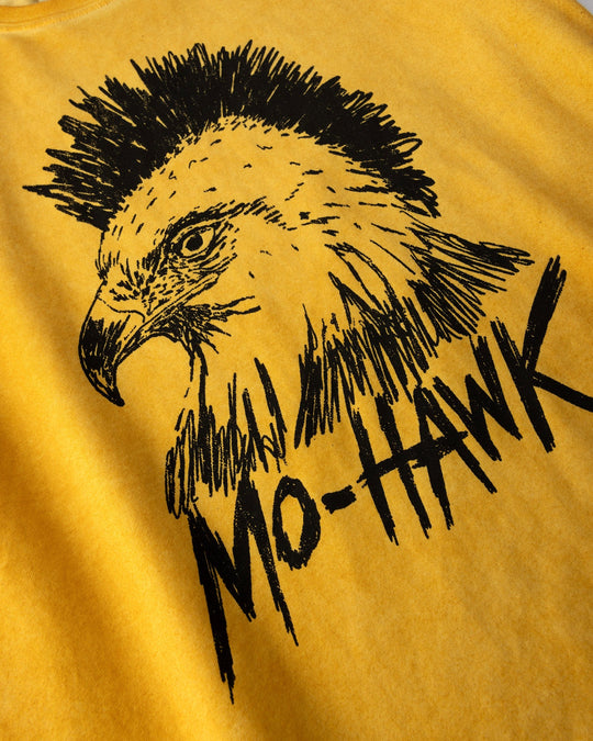 Close up of the Mo-Hawk Tee print in mustard wash