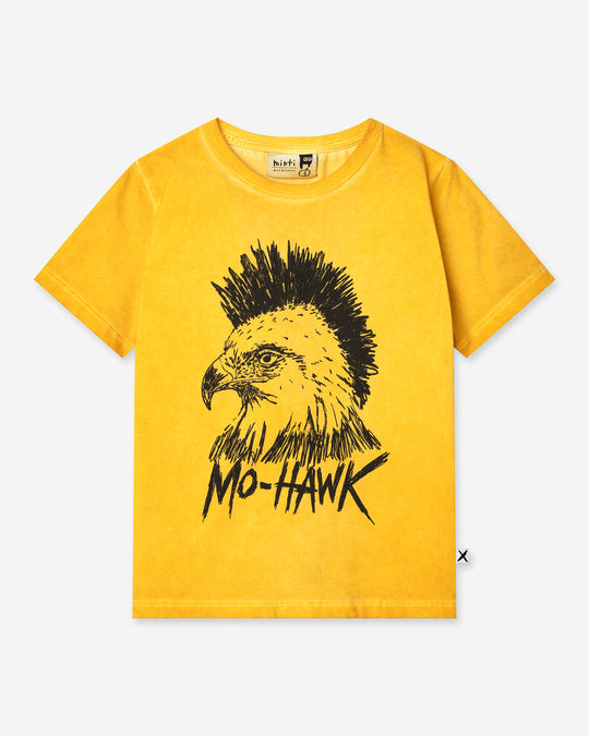 Mo-Hawk Tee in mustard wash, boys t shirt by Minti, flat lay