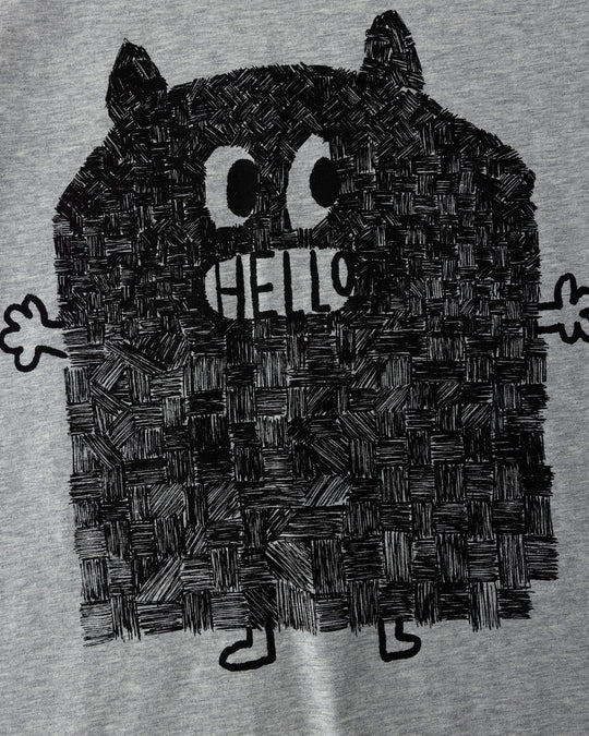 Close up of the Patchwork Monster Tee print in grey marle and black