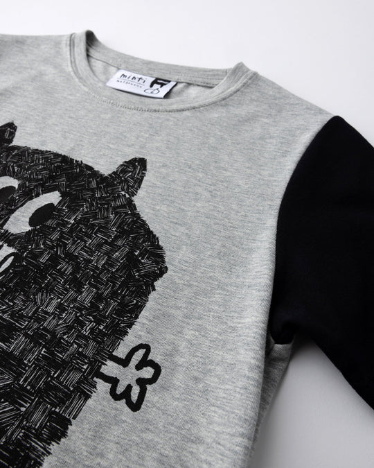 Close up detail of the Patchwork Monster Tee in grey marle and black