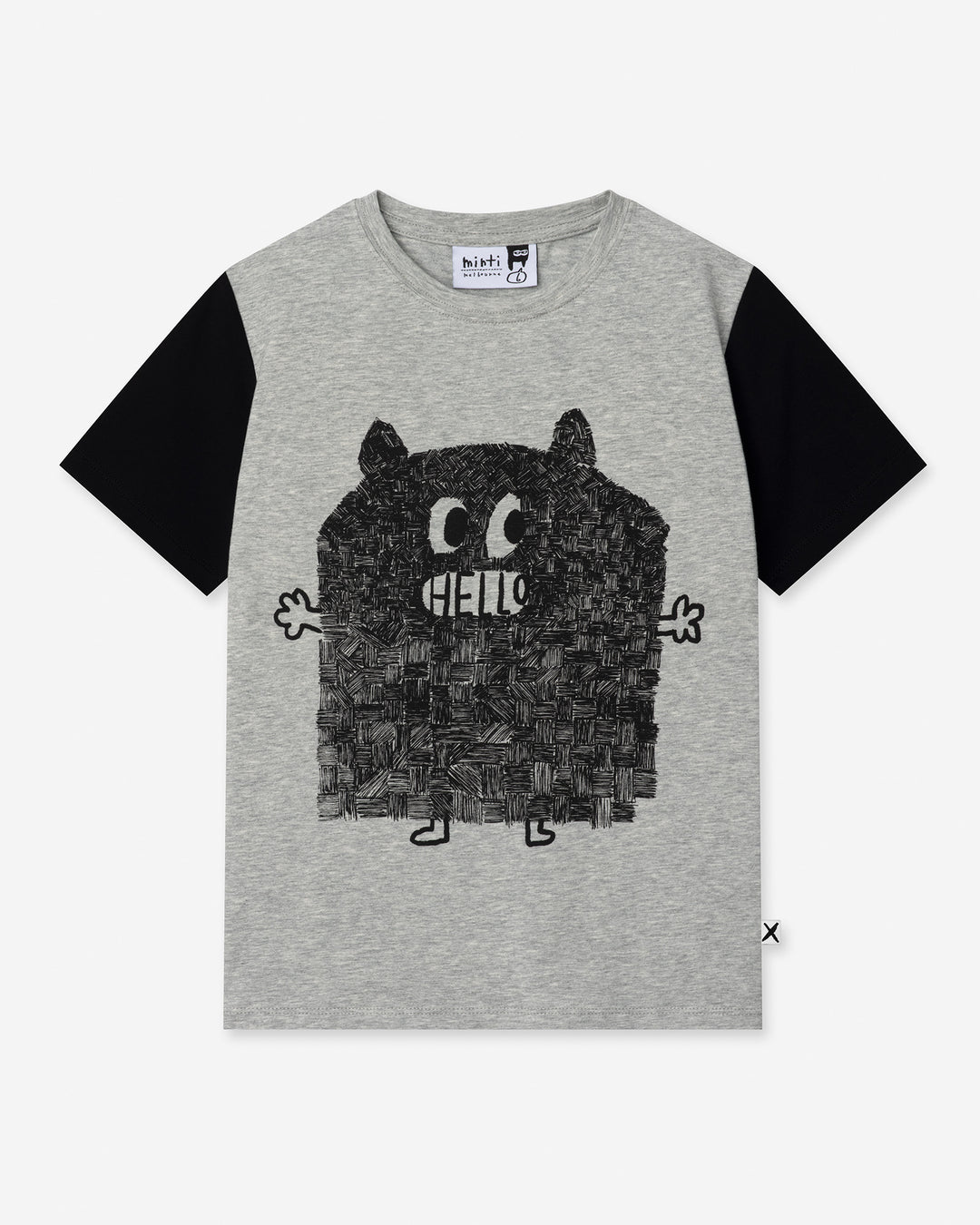 Patchwork Monster Tee in grey marle and black, boys t shirt by Minti, flat lay