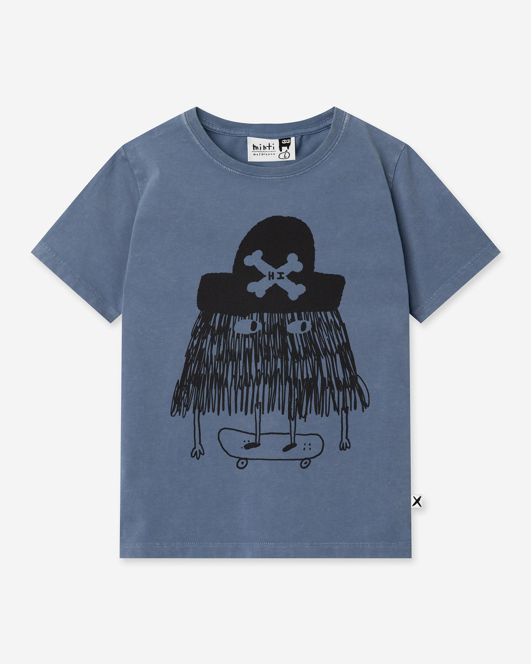 Pirate Skater Tee in blue wash, boys t shirt by Minti, flat lay