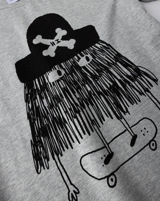 Close up of the Pirate Skater Tee print in grey marle
