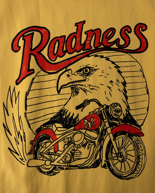 Close up of the Radness Tee print in dull yellow