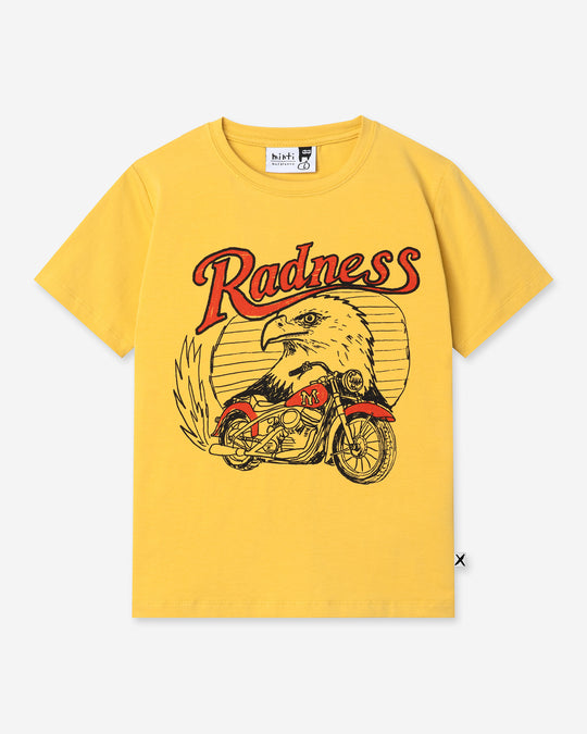 Radness Tee in dull yellow, boys t shirt by Minti, flat lay