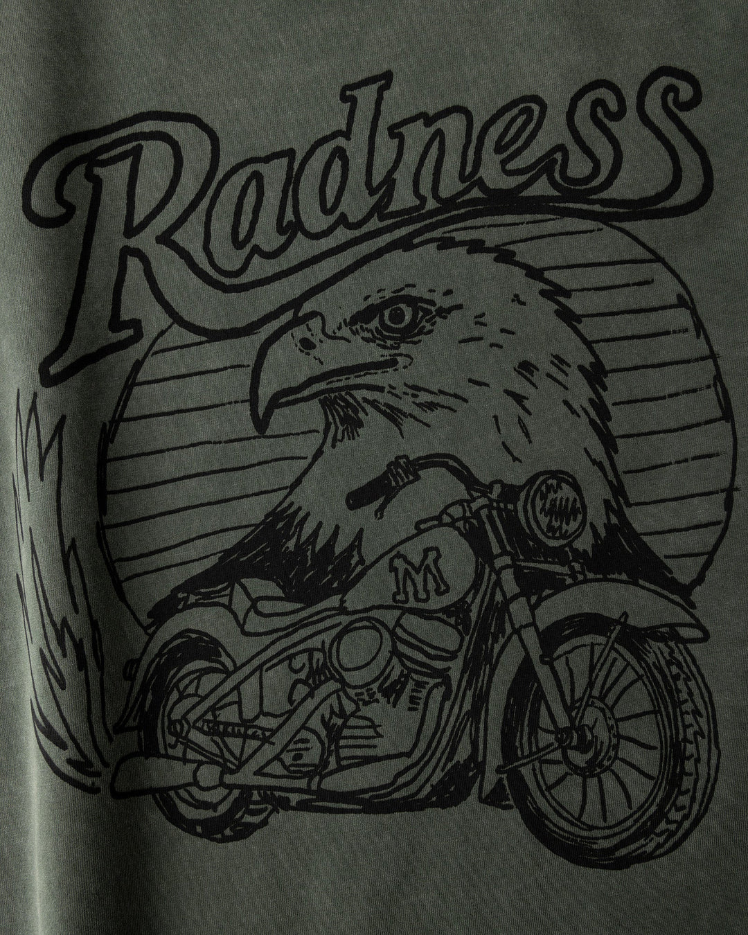 Close up of the Radness Tee print in olive wash
