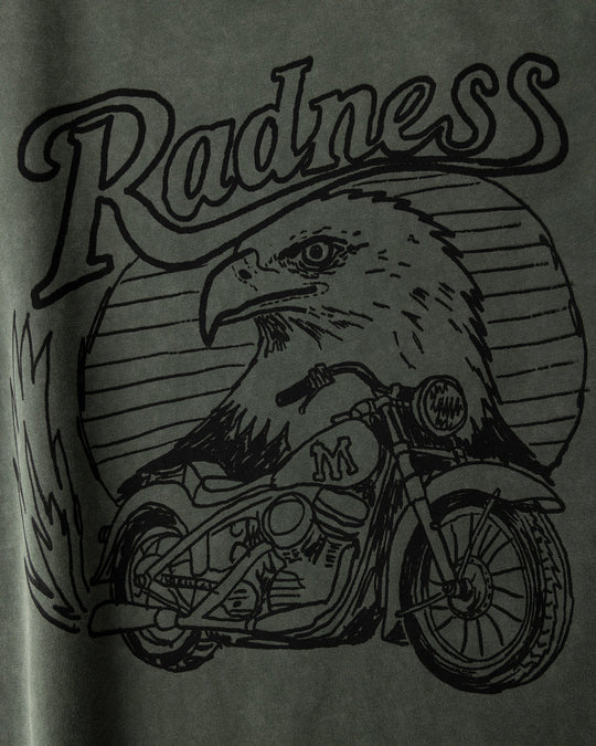 Close up of the Radness Tee print in olive wash
