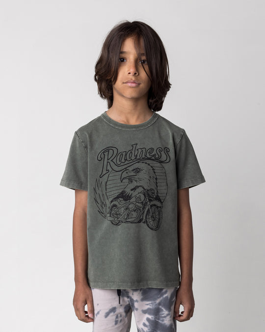 Close up of the Radness Tee in olive wash on a kid, front view