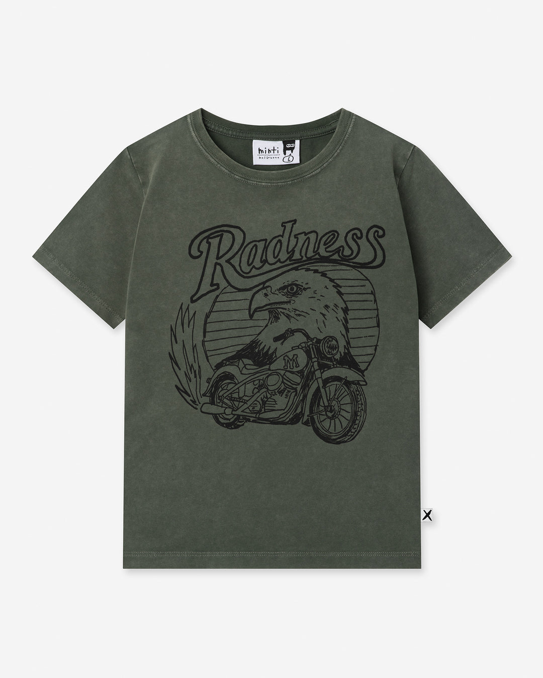 Radness Tee in olive wash, boys t shirt by Minti, flat lay