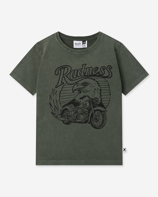 Radness Tee in olive wash, boys t shirt by Minti, flat lay