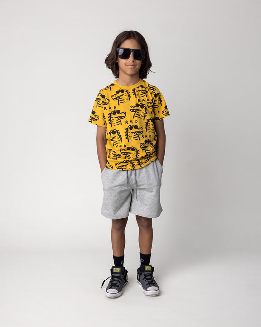 Kid wearing the Rad Croc Tee in mustard with the Smile Short in grey marle, front view