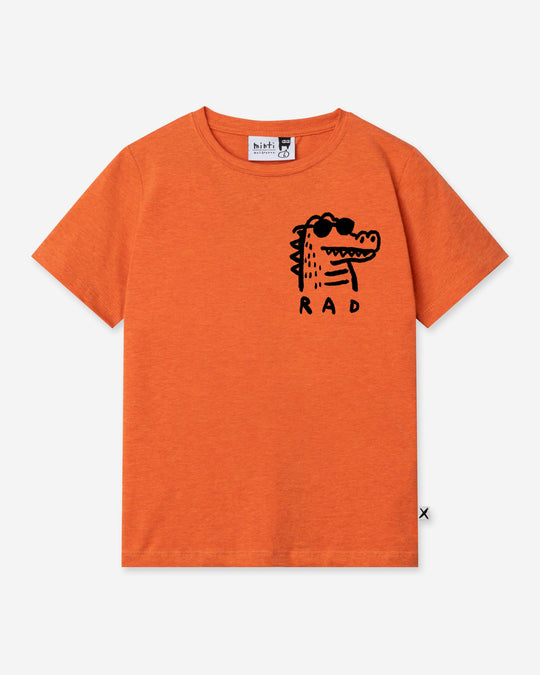 Rad Croc Tee in orange marle, boys t shirt by Minti, flat lay